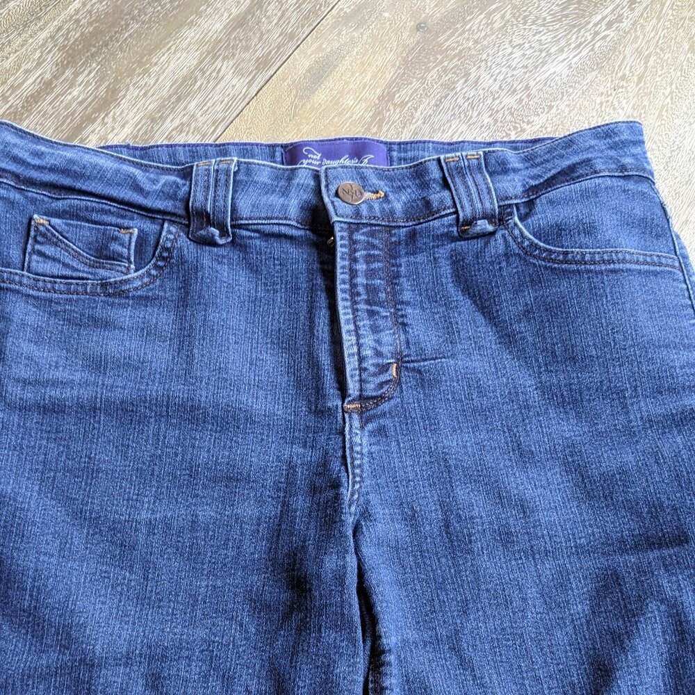 NYDJ Denim Blue 22" Bermudas Dark Wash Distressed Jean Shorts, Size is 12